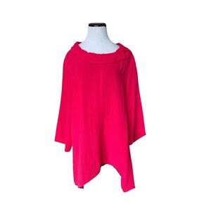 Yushi Lagenlook Crinkle Tunic Top Size XXL Red Oversized Asymmetrical Artsy Boho